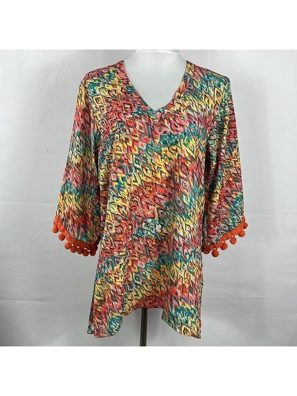 Uncle Frank Bell Sleeve Multicolor Tunic Top Dress With Pom Pom Fringe Detail S